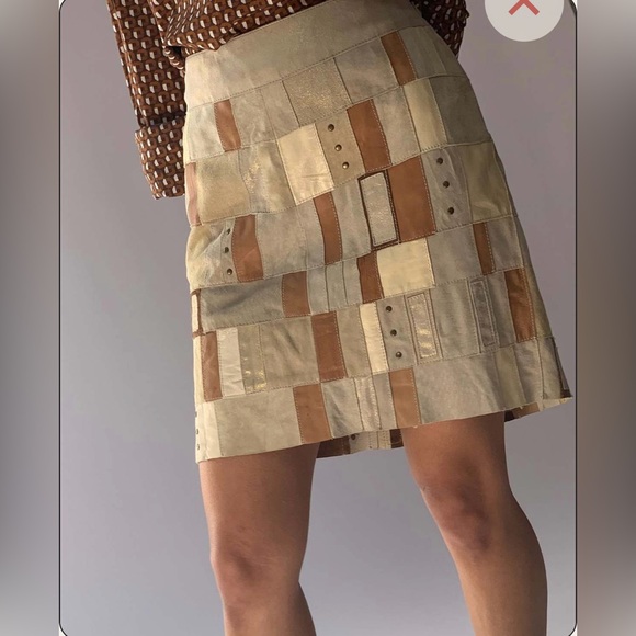 june Dresses & Skirts - Vintage Y2K Boho Patchwork Suede Leather Cream Gold Mini Skirt 4 Brown